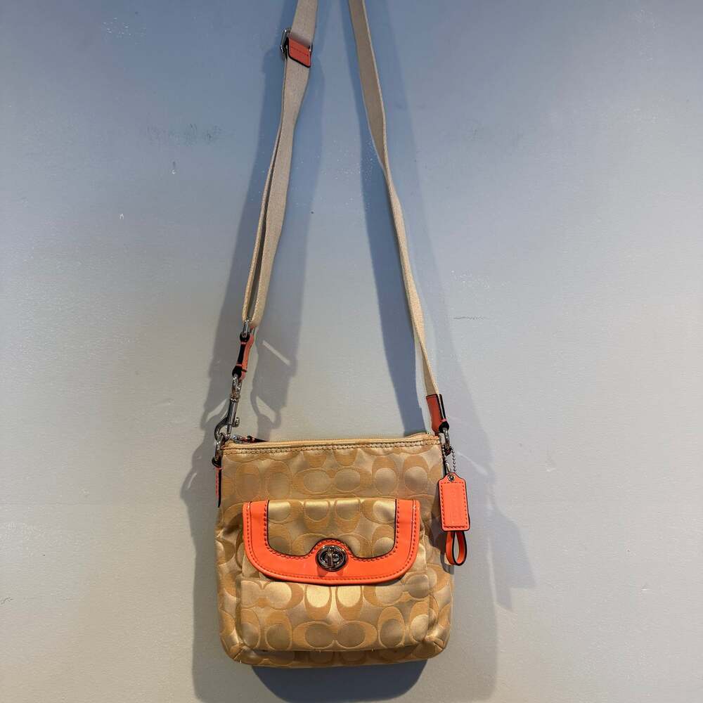 Coach Signature Tan and Coral Canvas Crossbody Bag